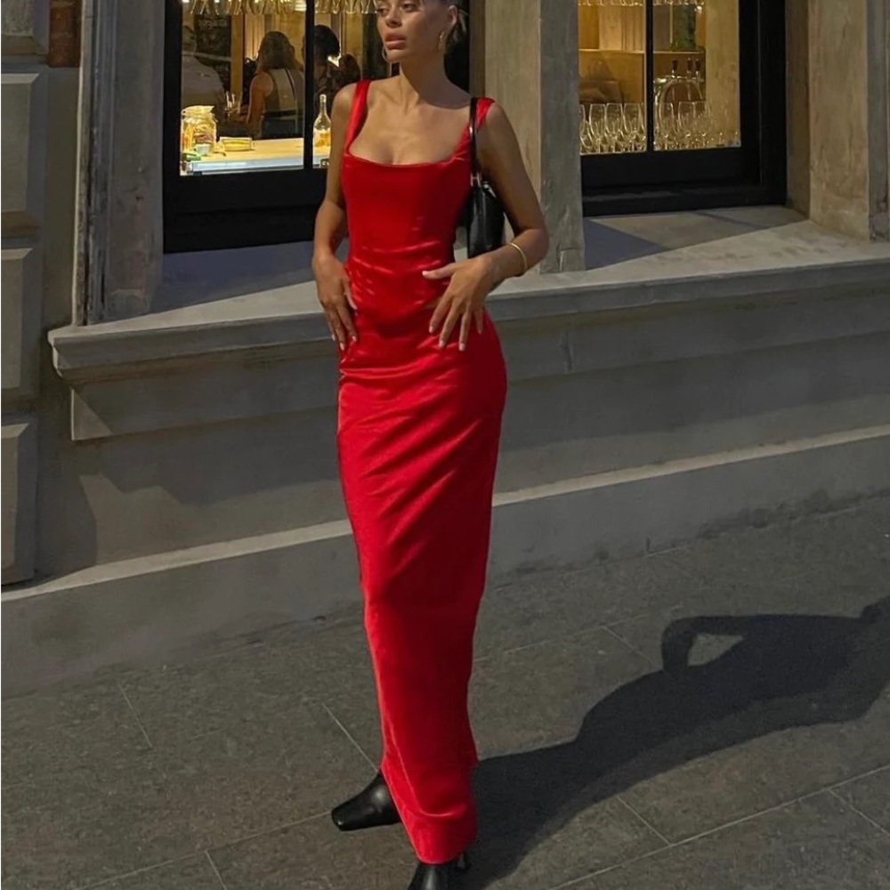 House of CB Colette Maxi Skirt and Rafa Scarlet Satin Longline Corset Set NEW